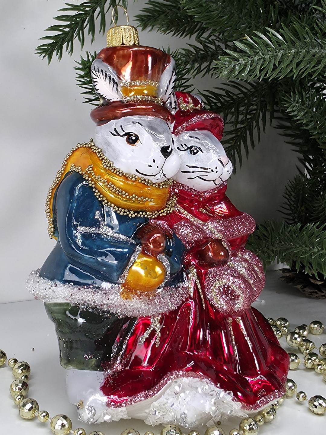 фото Стеклянная елочная игрушка Парочка Зайчат