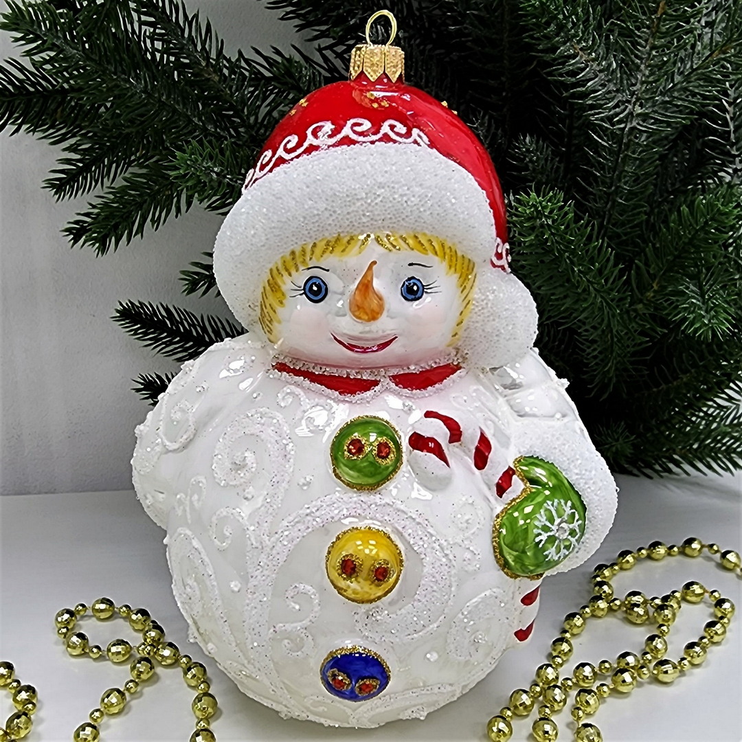 фото Стеклянная елочная игрушка Снеговик большой
