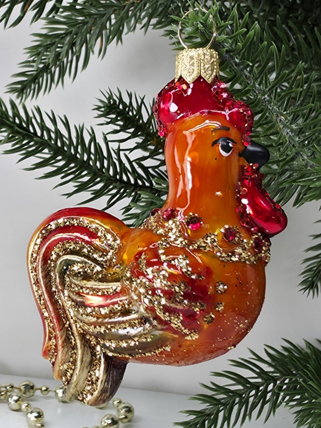 фото Стеклянная елочная игрушка Золотой петушок