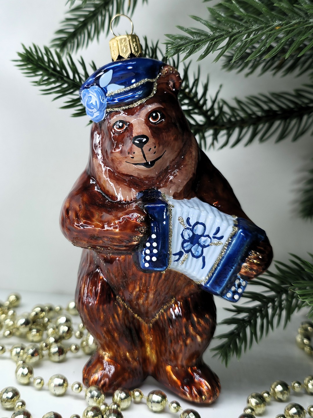 фото Стеклянная елочная игрушка Мишка с гармошкой 2