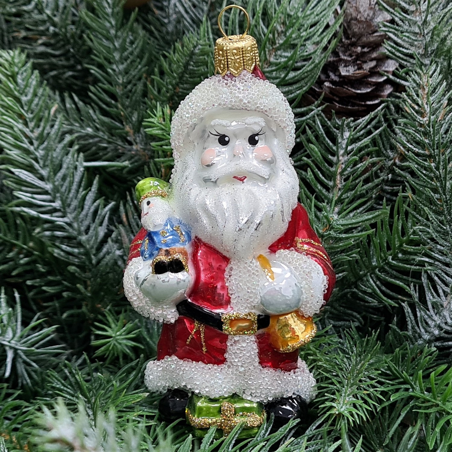фото Стеклянная елочная игрушка Дед Мороз с солдатиком