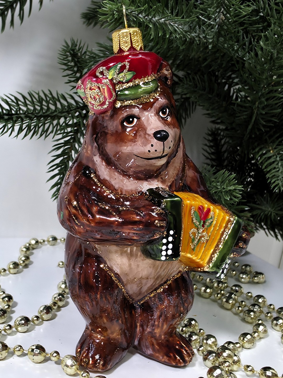 фото Стеклянная елочная игрушка Мишка с гармошкой