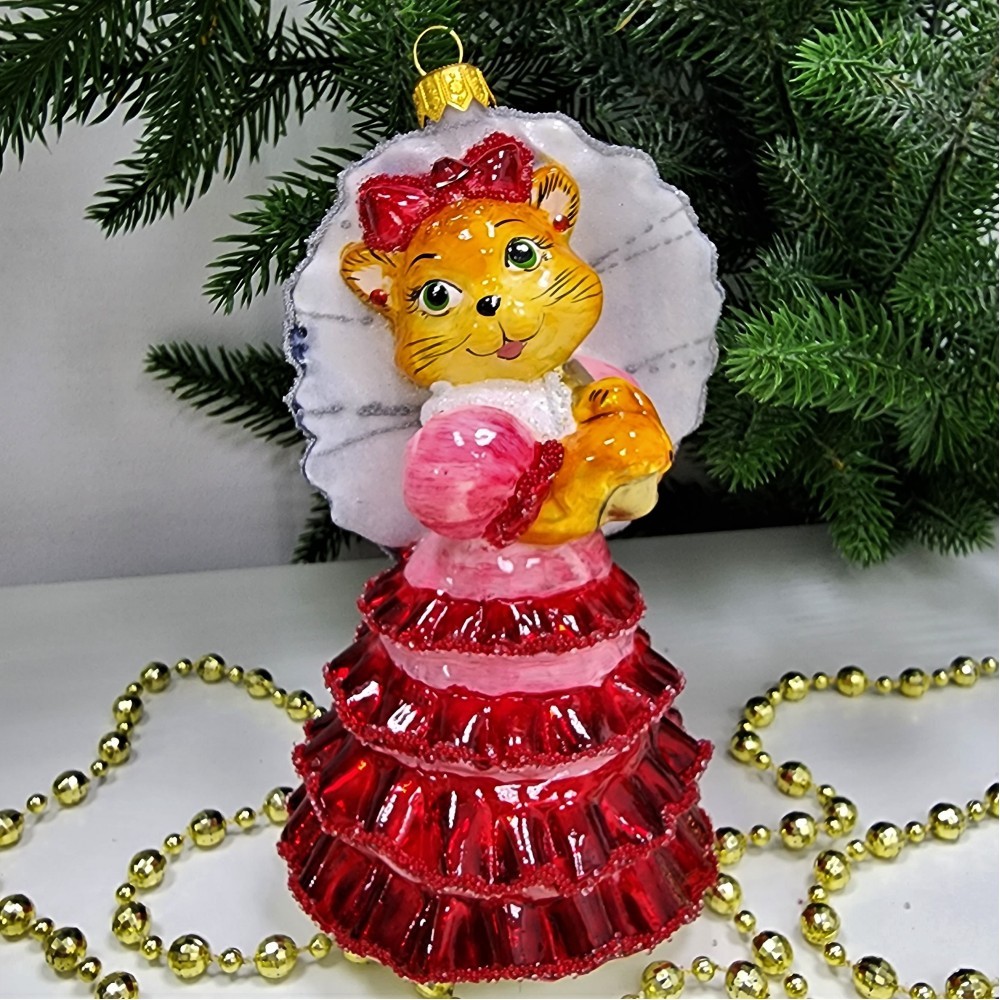 фото Стеклянная елочная игрушка Кошка с зонтиком красная глянец