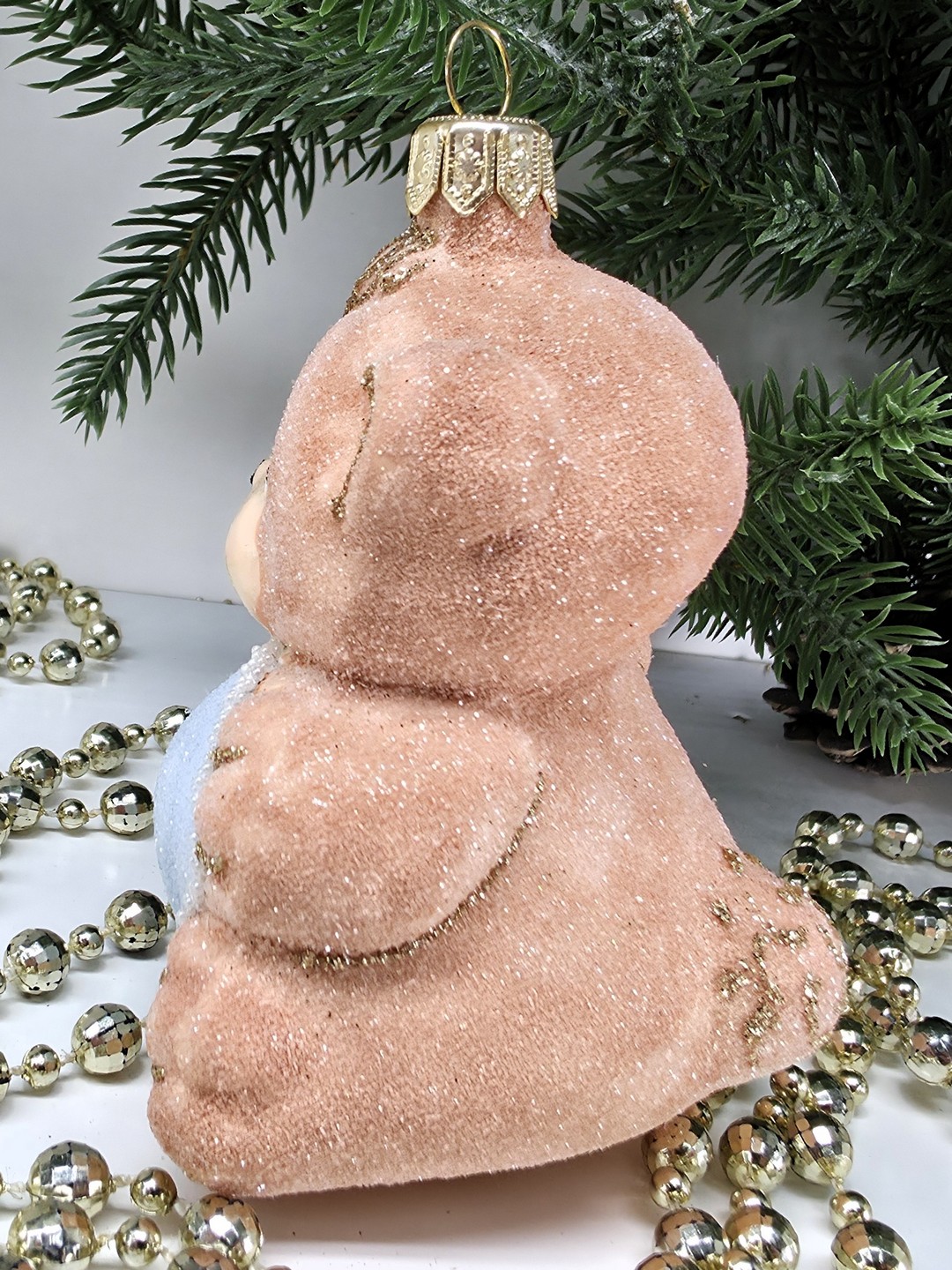 фото Стеклянная елочная игрушка Мишка с сердцем