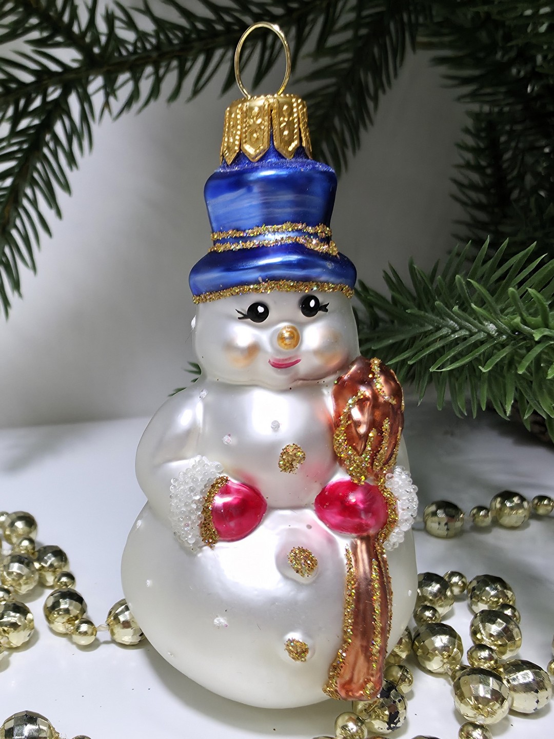 фото Стеклянная елочная игрушка Снеговик