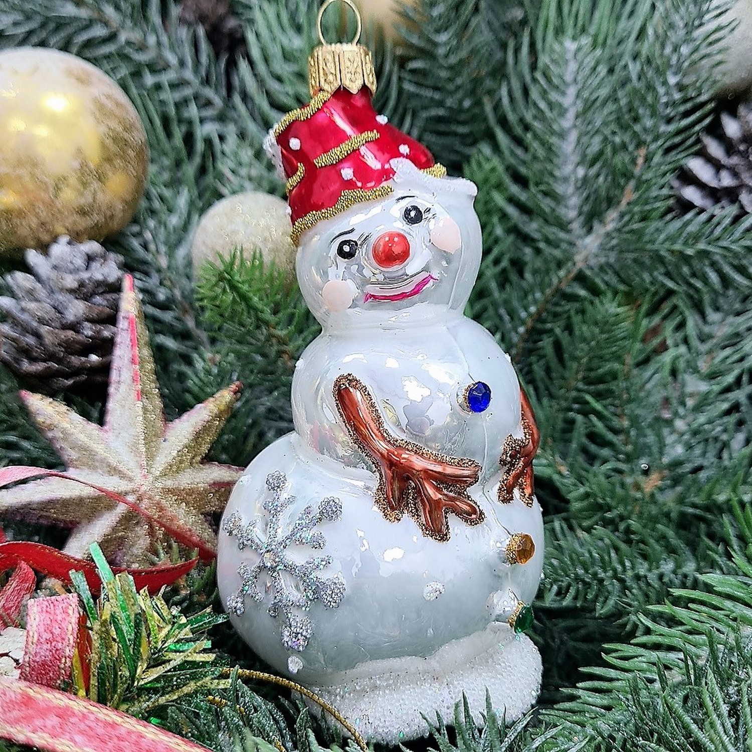 фото Стеклянная елочная игрушка Снеговик лесной