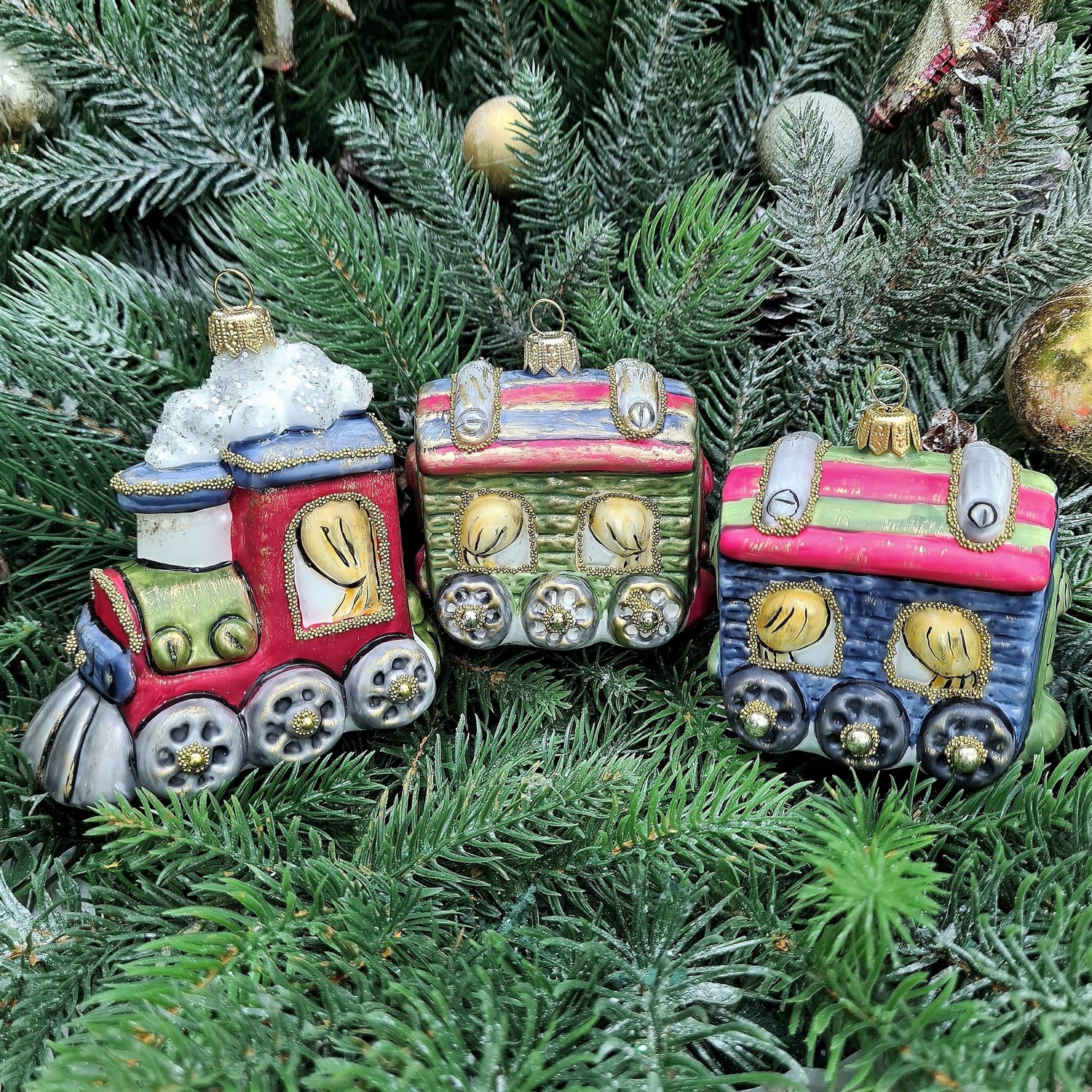 фото Набор ёлочных игрушек Паровоз и два вагона Винтаж