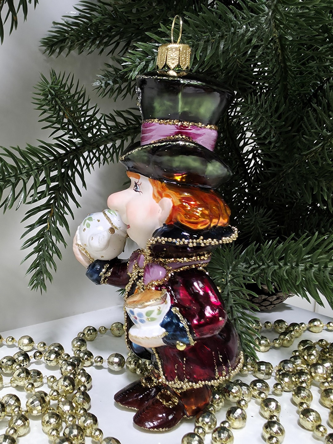 фото Стеклянная елочная игрушка Шляпник с чайником