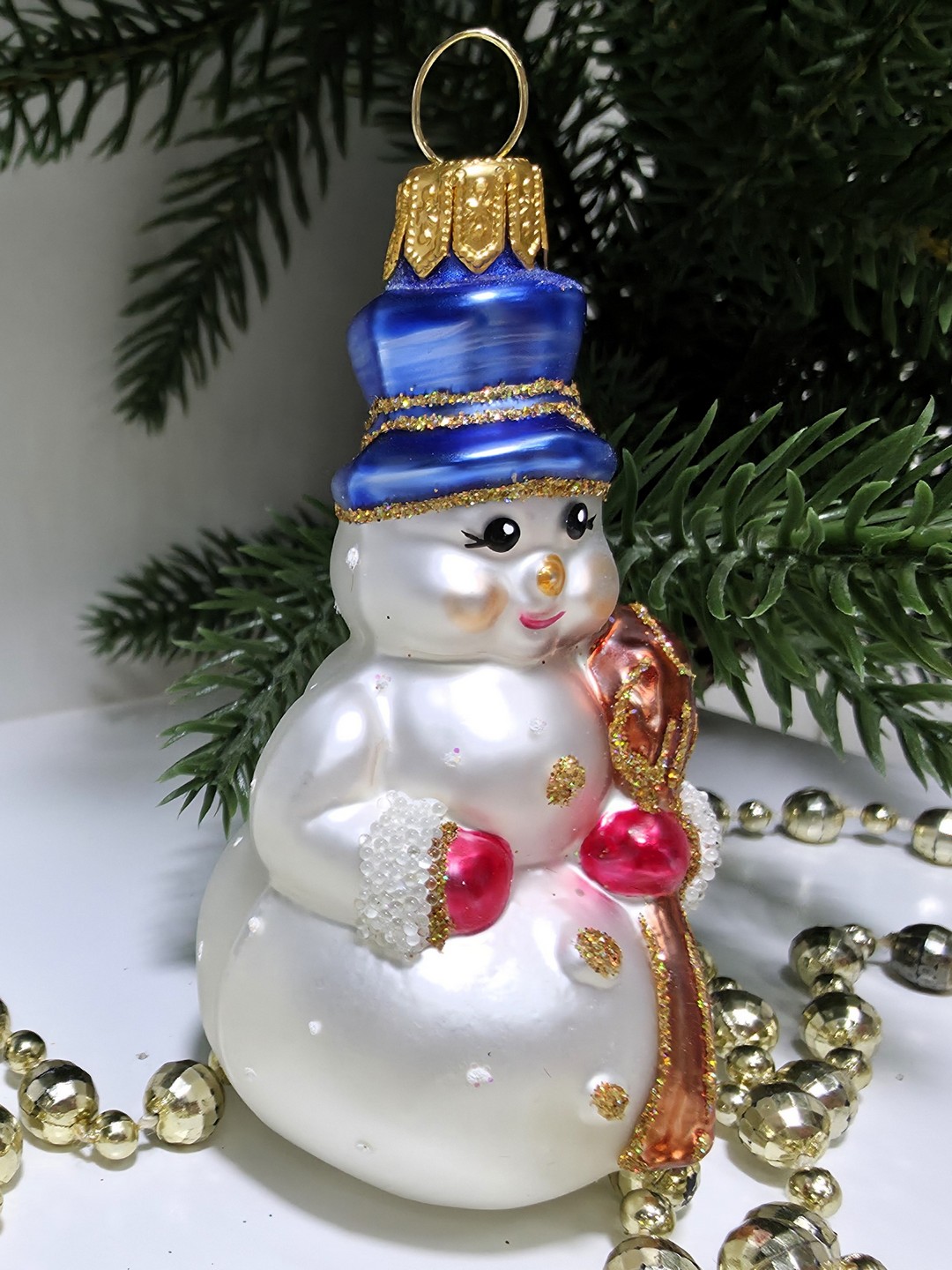 фото Стеклянная елочная игрушка Снеговик