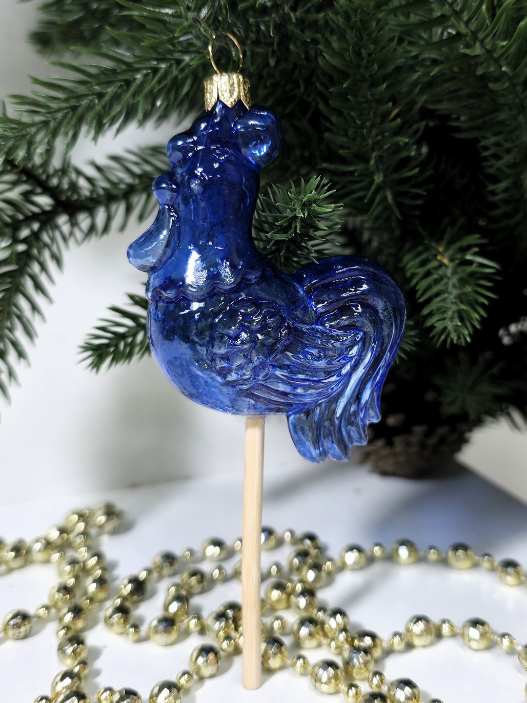 фото Стеклянная елочная игрушка Петушок на палочке