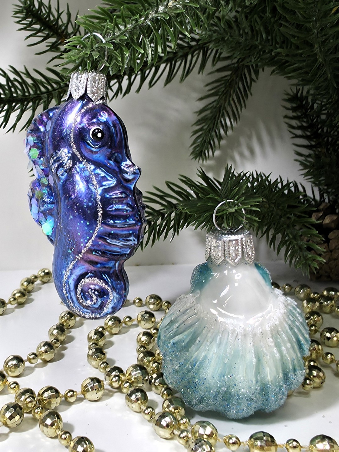 фото Набор ёлочных игрушек Морской конек и ракушка