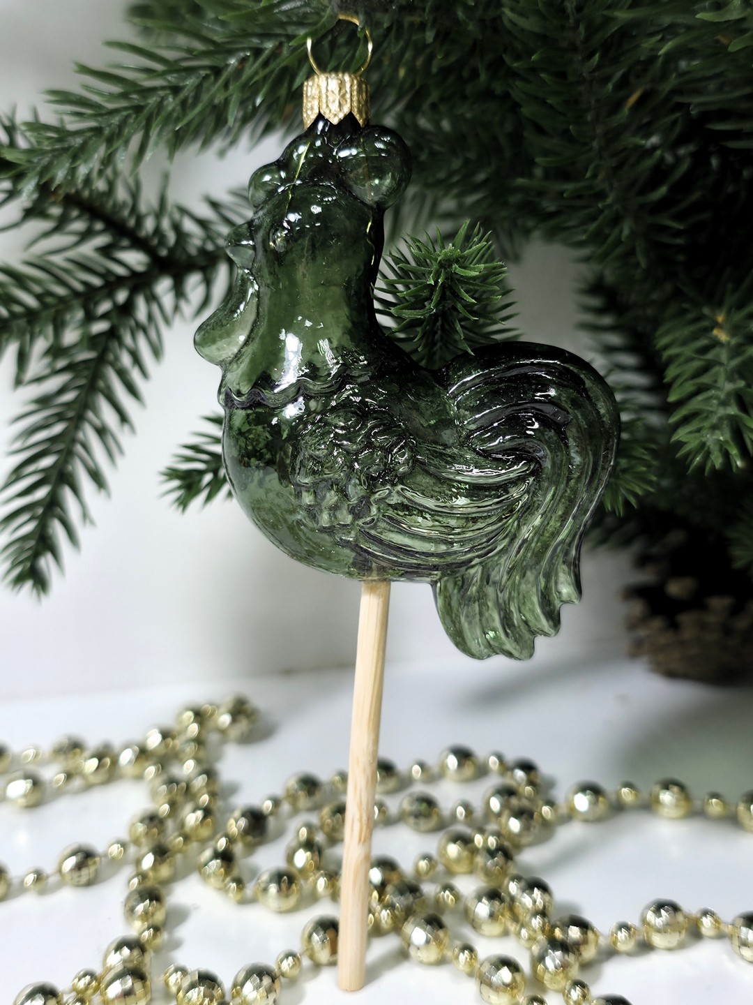 фото Стеклянная елочная игрушка Петушок на палочке