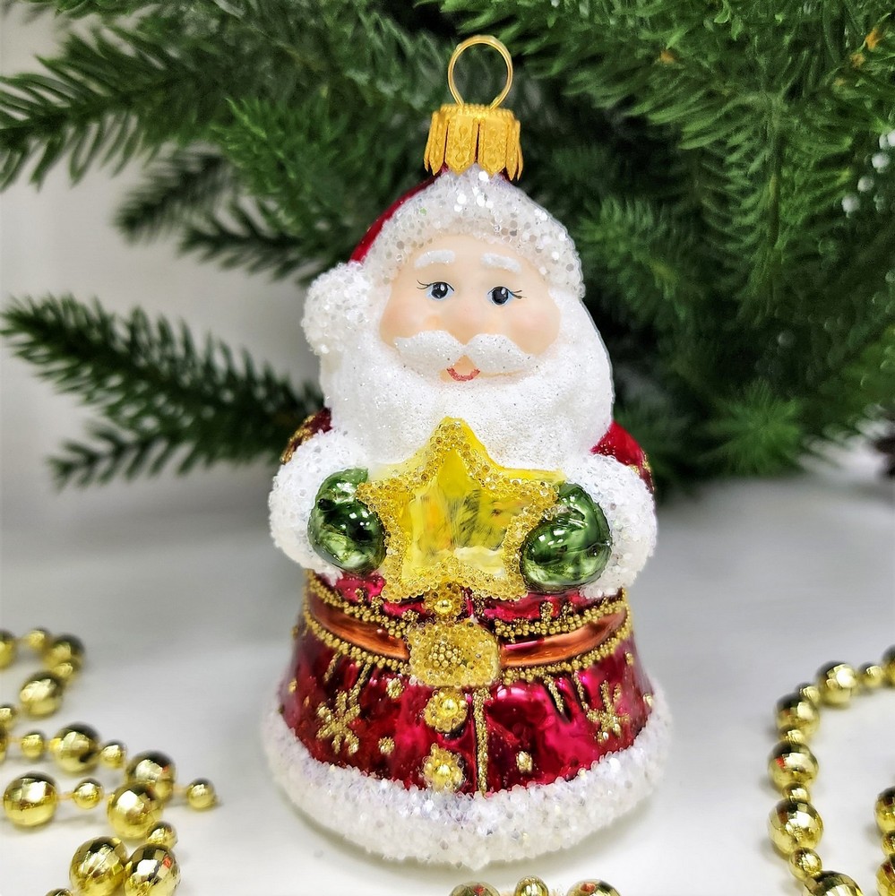 фото Стеклянная елочная игрушка Дед Мороз колокольчик